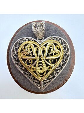 Filigree Heart Pendant Two Tone Sterling Silver 925 Size 1.5" Length